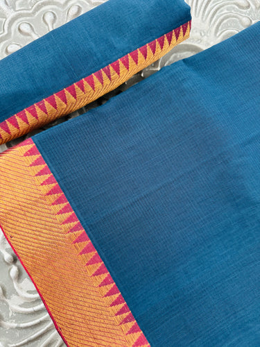 Handwoven Mangalgiri Cotton Saree | Blue | Gold Zari | Handwoven | Ships from California